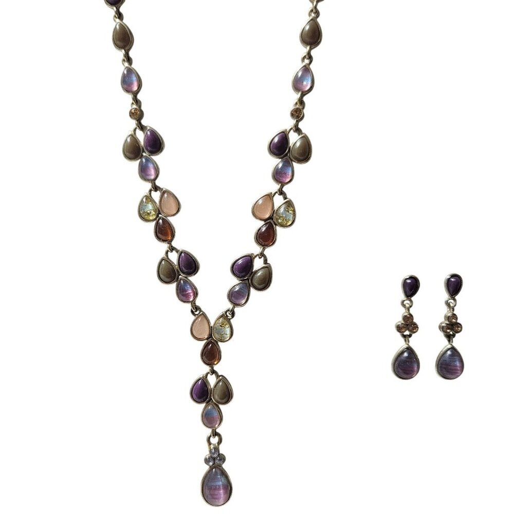 Elegant Teardrop Necklace Earrings Set Purple Yellow Pink Rhinestones Jewelry